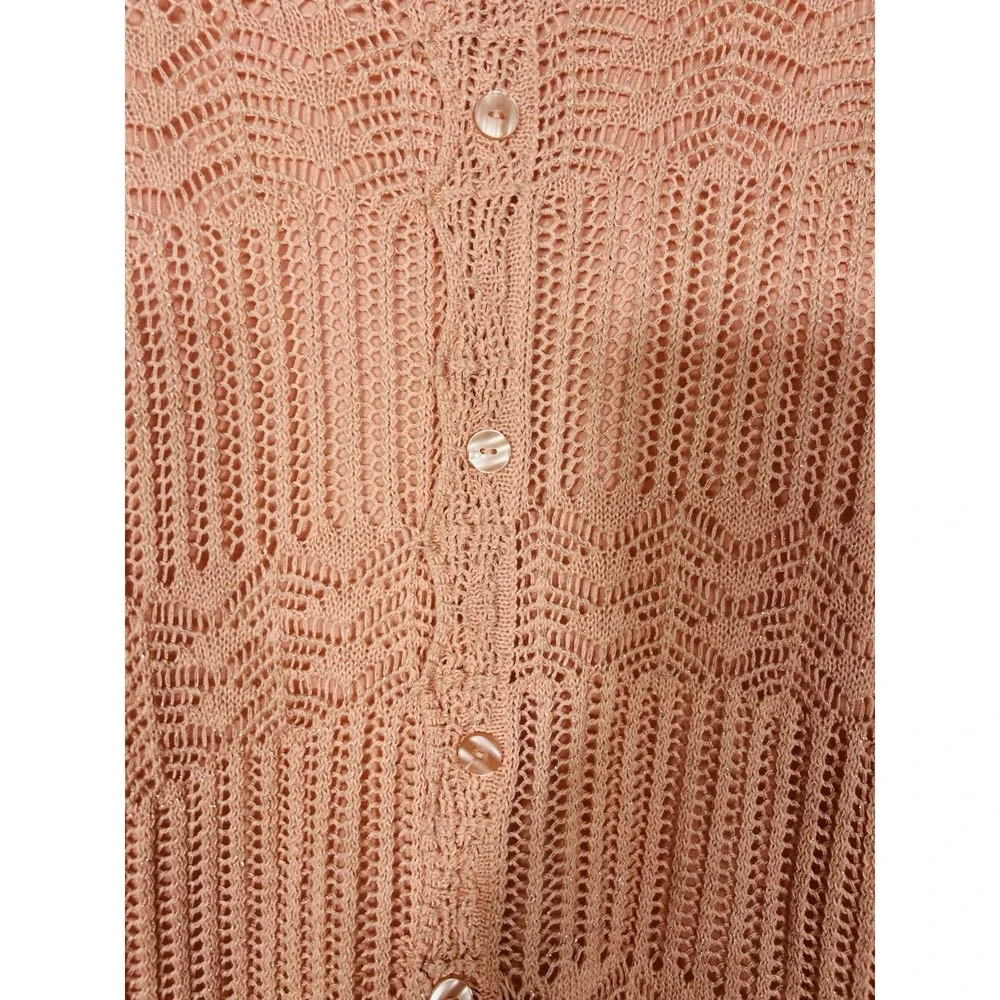 Vintage Womens Open Knit Boho Crochet Sweater Pink Fairy Coquette Asymmetric Y2K